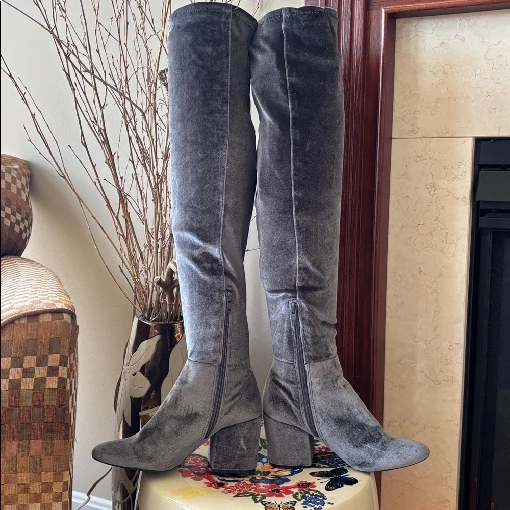 ALDO Belinna Over the Knee Gray Velvet Stretch Boots Block Heel Thigh High Party